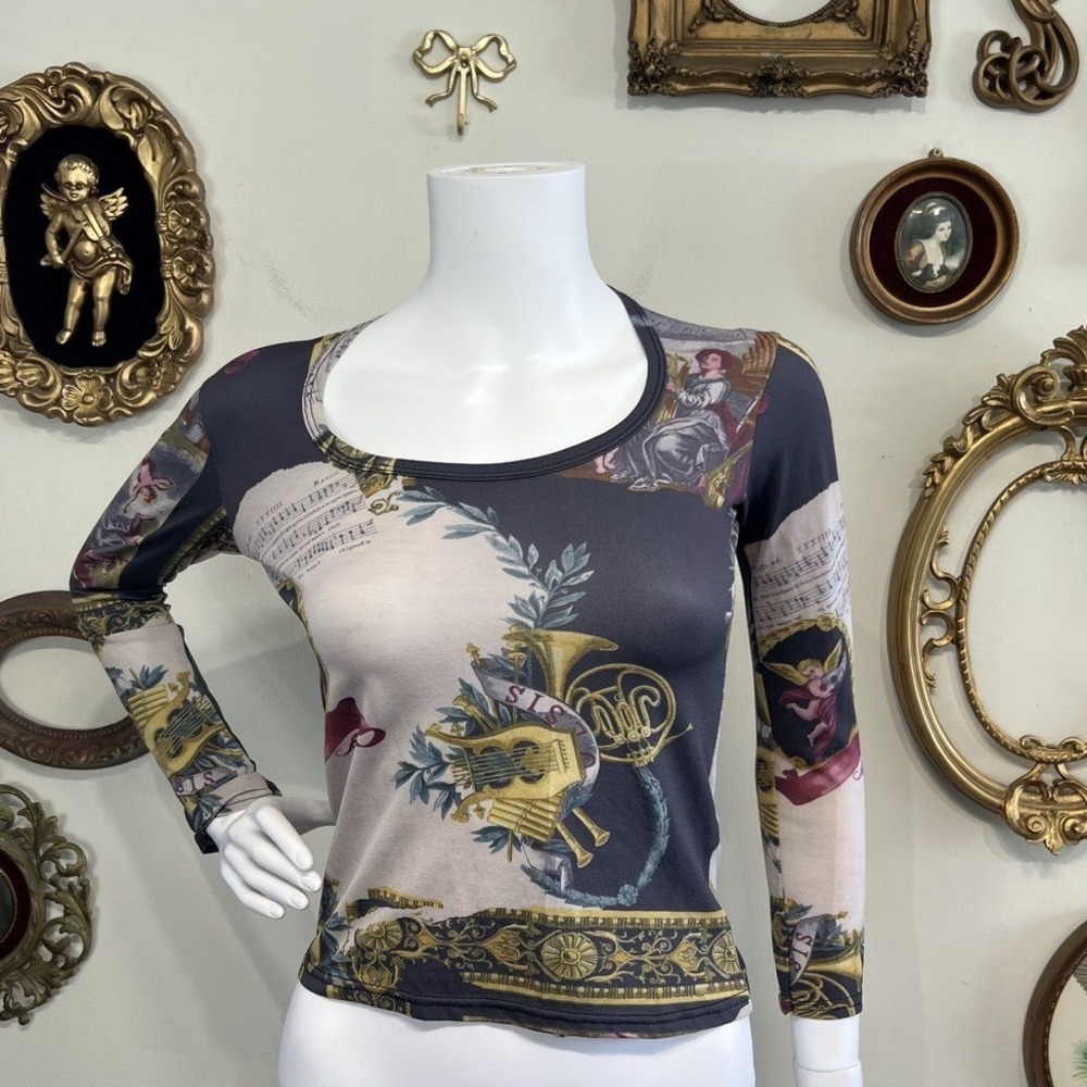 Y2k Cheryl Creations Vintage 90s Musical Classical Art Mesh Top Medium